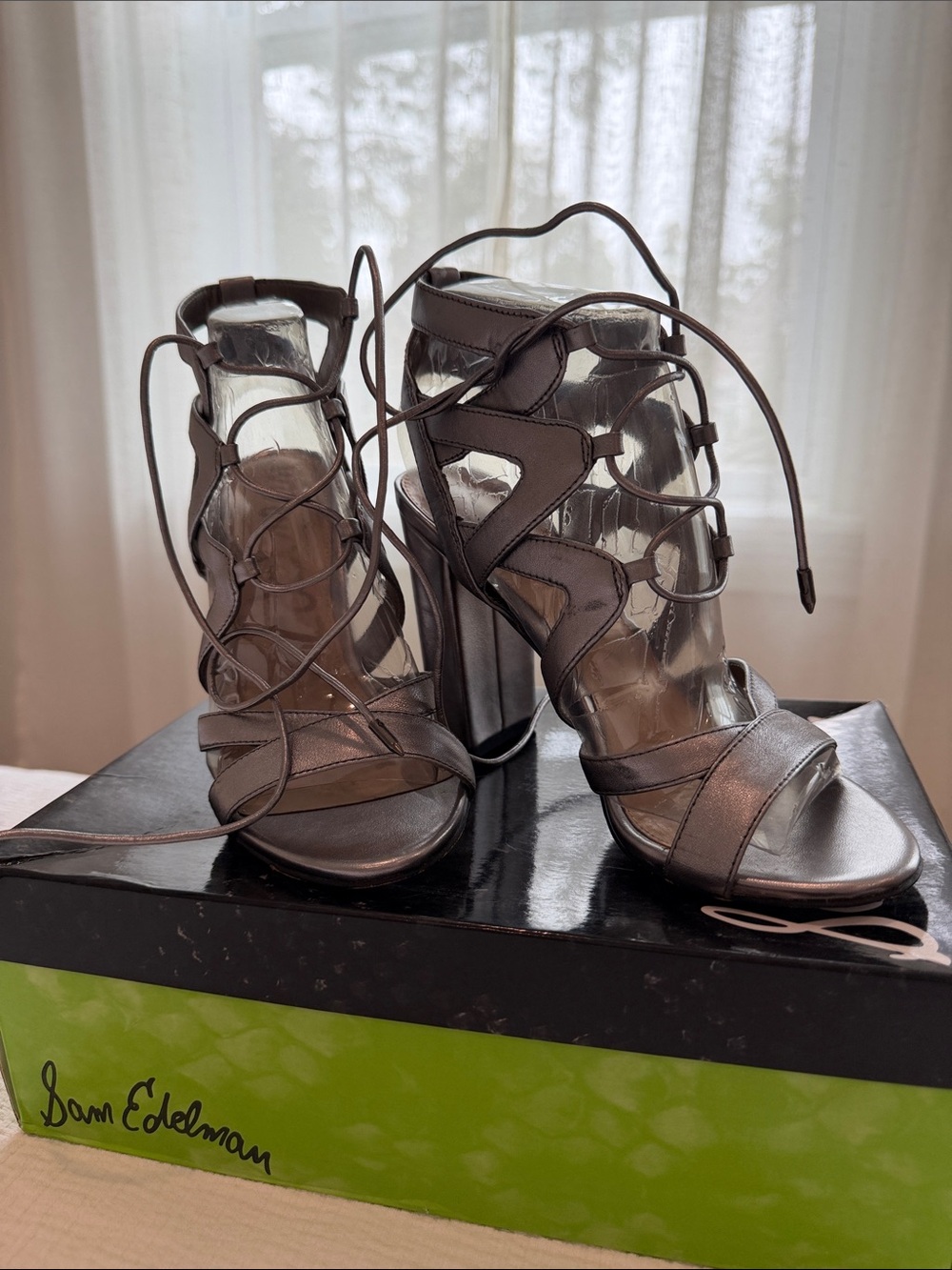 Sam Edelman Pewter Lace-Up Strappy High Heel Sandals